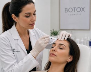 Medic estetician realizand injectii botox pe frunte in cabinet