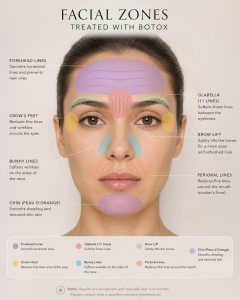 Zonele fetei tratate cu injectii botox: frunte, glabela, ochi, maseter